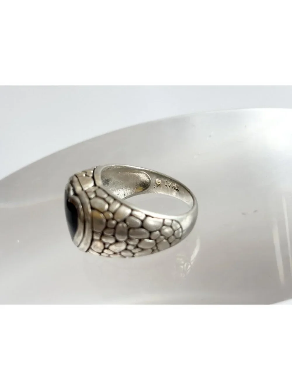 Heart Black Onyx Tortoise Shell Pattern Sterling Silver 925 Vintage Ring sz 6.5